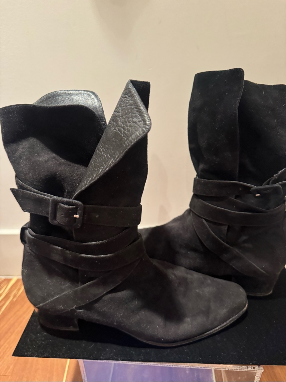 Saint Laurent aka YSL Black Suede Wrap-Strap Ankle Boots. Size 10M aka 40 Italy.